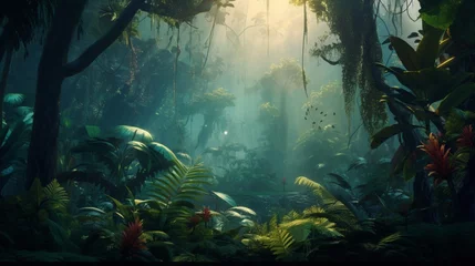 Zelfklevend Fotobehang Toilet tropical trees and leaves wallpaper design in foggy forest - 3D illustration