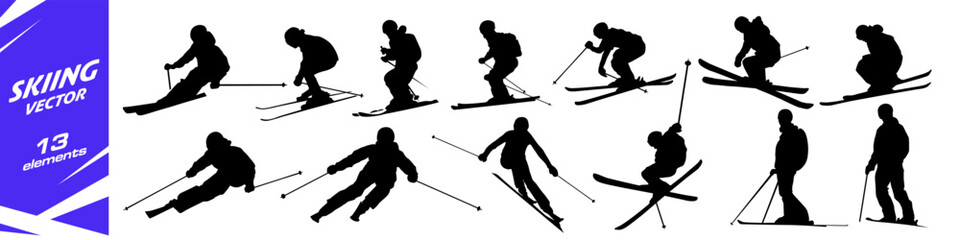 Skiing vector set. Skier silhouette.
