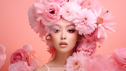  portrait of an asian brunette girl with pink flowers in her hair and professional makeup, on a studio pink background with copy space. The concept of naturalness of cosmetic products and cosmetology.