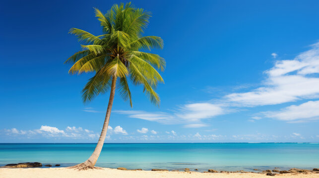 The leaves of palm trees on Sunny tropical beach. Summer vacation and tropical beach background concept.