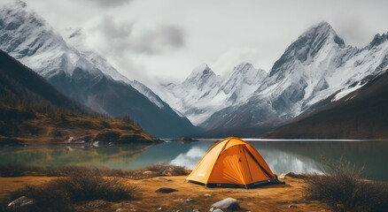 Orange tent on the background of mountains and lake