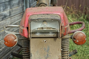 the back of a dirty old red motorcycle stands on the ground with two turning plastic orange colored...