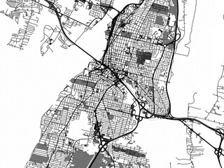 Greyscale vector city map of  Fall River Massachusetts in the United States of America with with water, fields and parks, and roads on a white background.