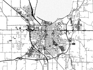 Obraz premium Greyscale vector city map of Fond du Lac Wisconsin in the United States of America with with water, fields and parks, and roads on a white background.