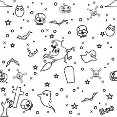 Halloween and trick or treat seamless pattern. Print on fabric with pumpkin and scary symbol. the witch wallpaper mono-line vector.