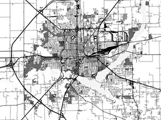 Greyscale vector city map of  Decatur Illinois in the United States of America with with water, fields and parks, and roads on a white background.