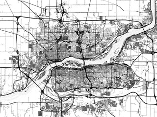 Greyscale vector city map of  Davenport Iowa in the United States of America with with water, fields and parks, and roads on a white background.