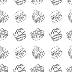 Seamless pattern with cakes. In the style of the line.