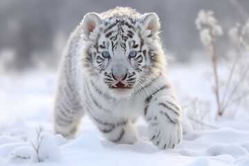 Fototapeta na wymiar cute tiger running in the snow