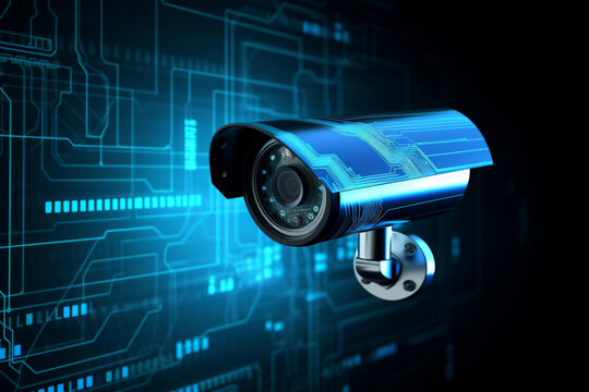 A modern isolated or detached security camera are to monitor activity being able to move from left to right with security shield as background in a background or security or surveillance banner : a se