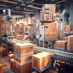 Production of factory conveyor with boxes for delivery in automated warehouse image generative ai