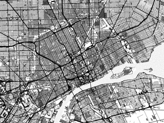 Greyscale vector city map of  Detroit Michigan in the United States of America with with water, fields and parks, and roads on a white background.