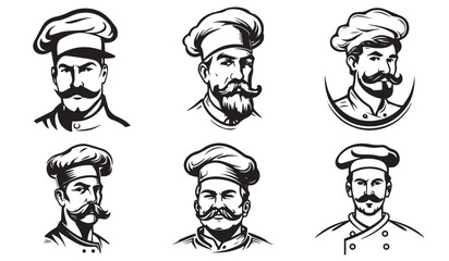 Heads of chefs in retro style logo, vector illustration, black silhouette laser cutting