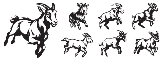 Happy goats, vector illustration, black silhouette laser cutting