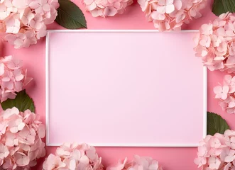 Zelfklevend Fotobehang Beautiful pink hydrangea flowers, white wooden photo frames on pink background top view flat lay copy space. Flower card © lililia