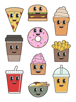 Naklejki Vector illustration of a kawaii cartoon fast food characters set.