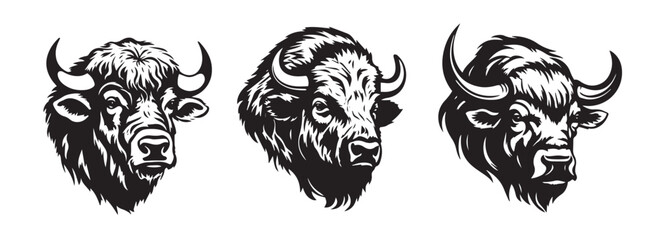 Buffalo heads vector illustration, black silhouette laser cutting