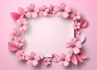 Beautiful pink hydrangea flowers, white wooden photo frames on pink background top view flat lay copy space. Flower card