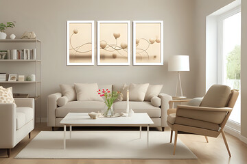 Living room interior in beige colors with three big white frame