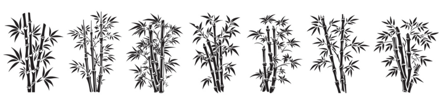 Bamboo with leaves vector illustration, black silhouette laser cutting