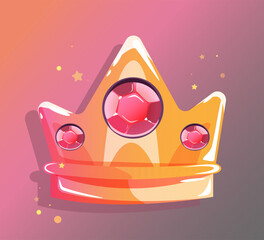 Cartoon Crown, Gold wealth and privileges of the King and Queen, Tiara with large pink crystals. Vector illustration for logo, icons and decor design.