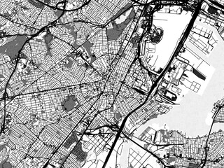 Greyscale vector city map of  Elizabeth New Jersey in the United States of America with with water, fields and parks, and roads on a white background.