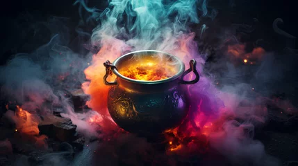 Zelfklevend Fotobehang Realistic witch cauldron in a spooky scene with multicolored smoke. Witch cauldron for Halloween. © Moon Project