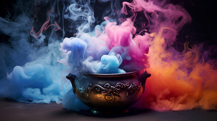 Realistic witch cauldron in a spooky scene with multicolored smoke. Witch cauldron for Halloween.
