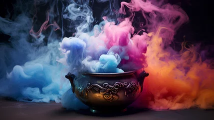 Foto auf Acrylglas Realistic witch cauldron in a spooky scene with multicolored smoke. Witch cauldron for Halloween. © Moon Project