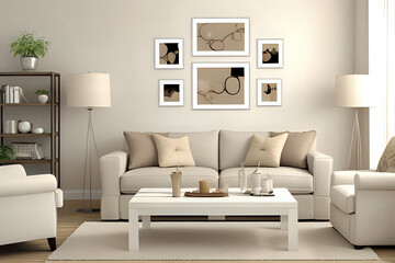 Living room interior in beige colors with six white frame