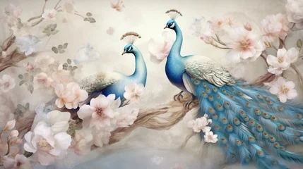 Fotobehang Wall mural, wallpaper, in the style of classic, baroque, modern, rococo. Wall mural with peacocks and patterned background. Light, delicate photo wallpaper design © Bea
