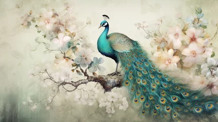 Foto op Aluminium Wall mural, wallpaper, in the style of classic, baroque, modern, rococo. Wall mural with peacocks and patterned background. Light, delicate photo wallpaper design © Bea