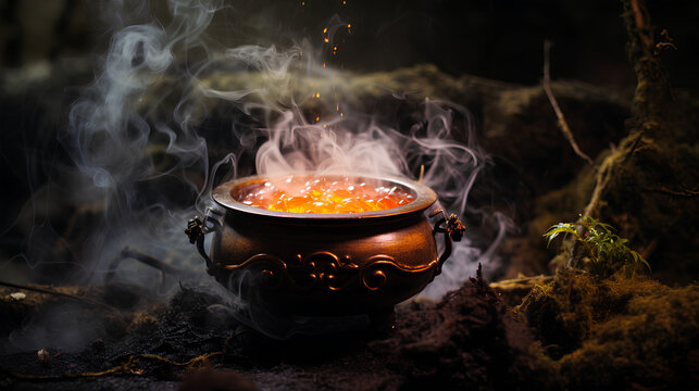 Realistic witch cauldron in a spooky scene with orange colored smoke. Witch cauldron for Halloween.