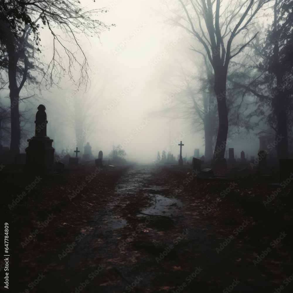 Aufkleber a haunting graveyard scene with tombstones and eerie trees background with empty space for text amid
