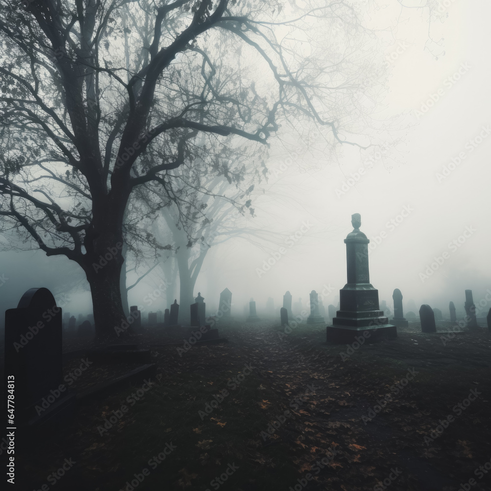 Aufkleber a haunting graveyard scene with tombstones and eerie trees background with empty space for text amid