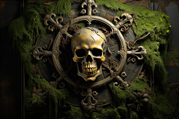 A menacing skull and crossbones emerge from a weathered green backdrop symbolizing danger and adventure 