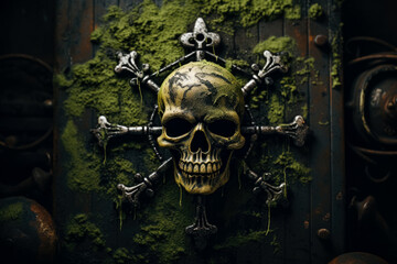 A menacing skull and crossbones emerge from a weathered green backdrop symbolizing danger and adventure 