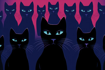 Elegant black cat silhouettes grace a deep purple background capturing the mystery and allure of these enigmatic creatures 