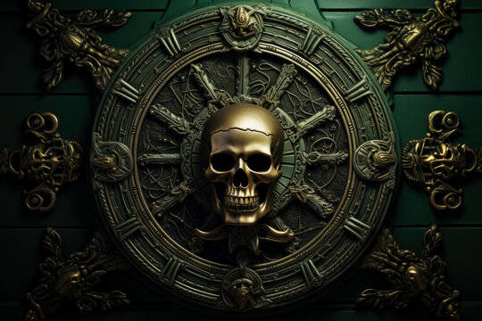 A menacing skull and crossbones carved in low relief on a dark green background offering room for captivating text 