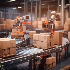 Conveyor with boxes for delivery in automated warehouse image generative ai