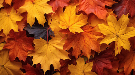 Naklejka na ściany i meble Yellow and orange maple leaves, full frame. Autumn background banner. Top view. Rich colors.
