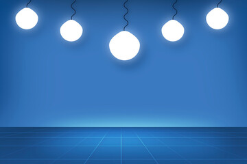Blue wall empty room for product display and 3D rendering room with neon light bulb stage showcase concept background