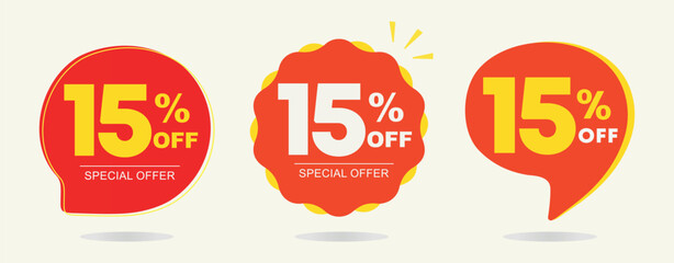 15% off. Tag special offer, sticker. Poster ten percent off price, value. Red and yellow balloon. Advertising for sales, promo, discount, shop. Symbol, icon, vector