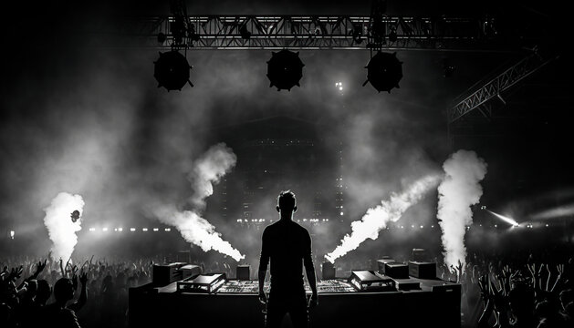silhouette of a dj in action , image with back view of a dj in a live session, image created with ia	
