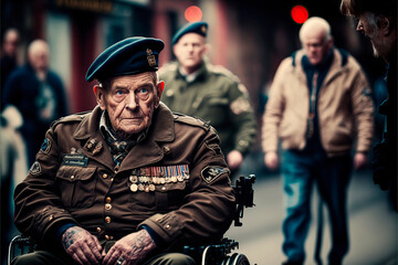 man in military uniform, Elderly war veteran in a wheelchair surrounded by military comrades, image created with ai	
