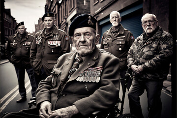 soldiers in military uniform, Elderly war veteran in a wheelchair surrounded by military comrades, image created with ai	
 - obrazy, fototapety, plakaty