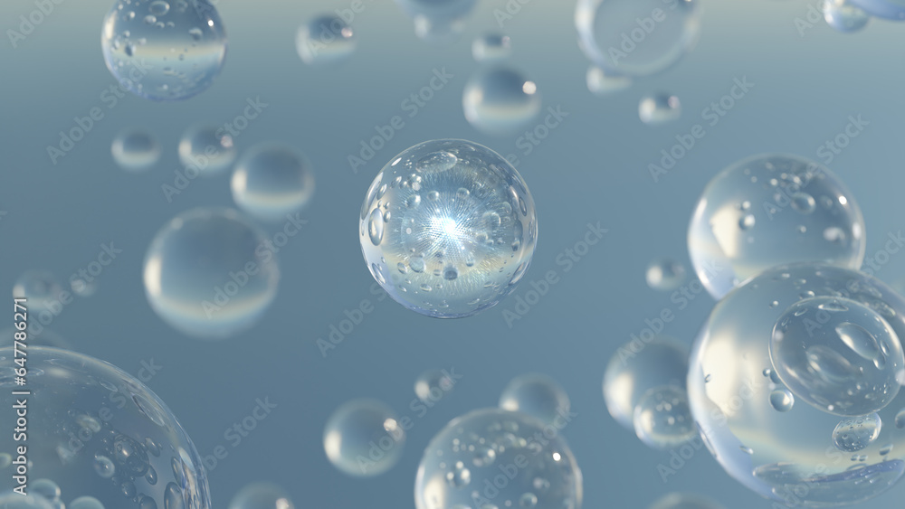 Poster transparent balls, holographic liquid blobs floating in space, and artistic bubbles. background cosm