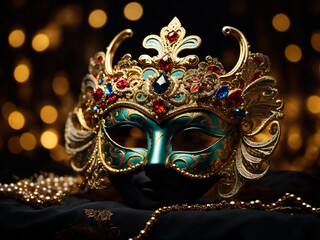 Carnival time. Venetian mask  on black background, copy space