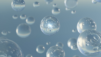 Transparent balls, holographic liquid blobs floating in space, and artistic bubbles. Background cosmetic bubble design Backdrop with bubbles on the water with an abstract science style. 
