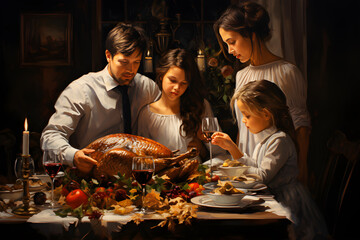 Fototapeta na wymiar Thanksgiving Dinner, family thanksgiving with turkey
